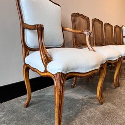 The ReBorn House - Set of upholstered Vintage French Provincial Louis XV Style Carved Wood and Cane Chairs.