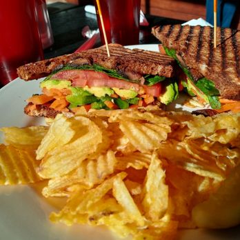 Little Branch Cafe - Vegetarian Panini with chips and pickle on marbeled bread - Breakfast & Brunch Near Me - Chicago, Illinois