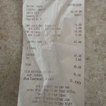 Black Bear Diner Tucson - Breakfast for two receipt - OJ was a bust, next time ice water w/our meal. Upon ordering, no choice given for a small, med or large. - Diners Near Me - Tucson, Arizona