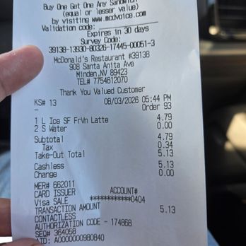 McDonald's - The receipt which show what I ordered. - Fast Food Near Me - Minden, Nevada McDonald's - The receipt which show what I ordered. - Fast Food Near Me - Minden, Nevada