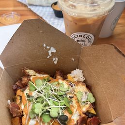 Chef's bowl with bacon, sadly and my not-too exciting Graham Latte with missing waffle cookie. Chef's bowl with bacon, sadly and my not-too exciting Graham Latte with missing waffle cookie.