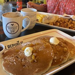 Pineapple upside down pancakes, Jalapeño Bacon Cheddar Sausage omelet, and a mexican mocha