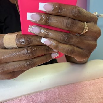 Tipped Off - Classy French Full Set With Stones - Nail Salons Near Me - Columbla, South Carolina