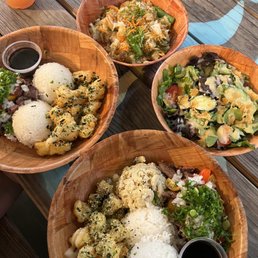 Combos- Steak Poke & Chicken Furikake, Mac Salad side, side greens (yummy dressing), vegetable stir fry Combos- Steak Poke & Chicken Furikake, Mac Salad side, side greens (yummy dressing), vegetable stir fry