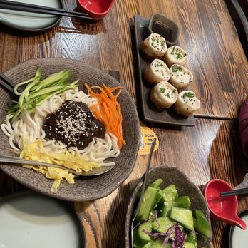 Dumpling Hours - Cucumber Salad with Crushed Garlic; Dan Dan Sesame Paste Dry Noodles: Juicy Pan-Fried Pork Buns - delicious! - Dim Sum Near Me - Walnut Creek, California