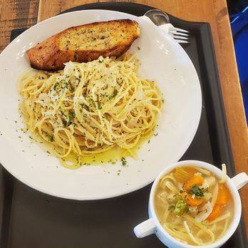 Cafe Hesed - Aglio E Olio Pasta, with Chicken Noodle Soup. - Cafes Near Me - Little Ferry, New Jersey