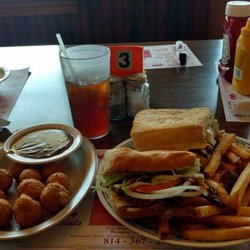Home Comfort Restaurant - Cheesesteak, fries with gravy, breaded mushrooms. Yummy!