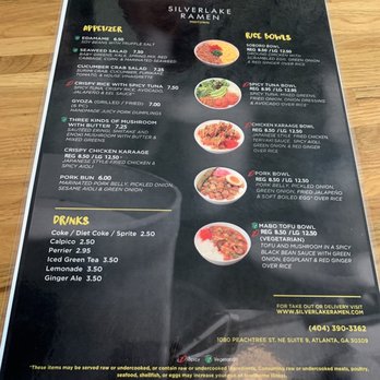 Silverlake Ramen - Menu as of 7.23 - Ramen Near Me - Atlanta, Georgia