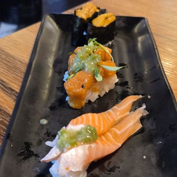 Neko Loco Sushi - Top to bottom: Uni, Bluefin Toro, Salmon Belly - Japanese Near Me - Las Vegas, Nevada Neko Loco Sushi - Top to bottom: Uni, Bluefin Toro, Salmon Belly - Japanese Near Me - Las Vegas, Nevada