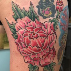 Black Hive Tattoo - Full color tattoo of a peony by Matt Moore