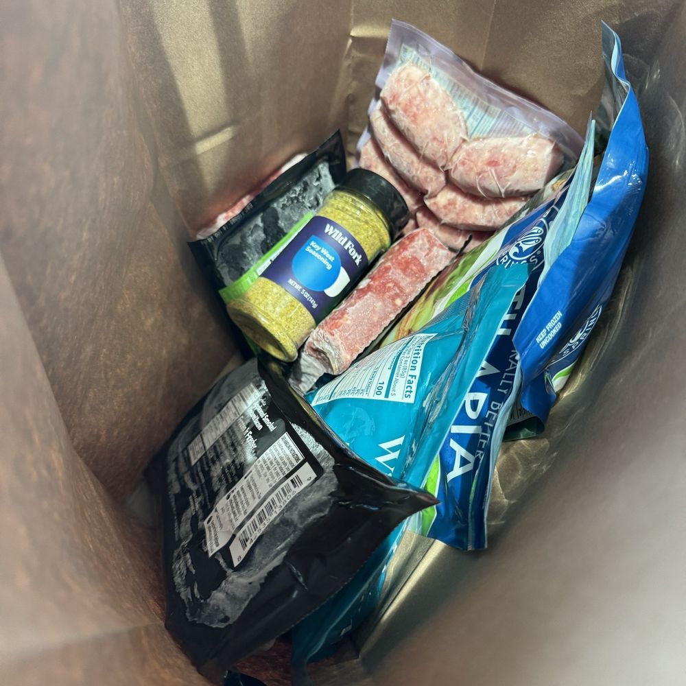 Two packs of grass fed ground beef, one pack of bacon, one bag of shrimp, two bags of tilapia, pack of sausage and spice for $47.00 Two packs of grass fed ground beef, one pack of bacon, one bag of shrimp, two bags of tilapia, pack of sausage and spice for $47.00