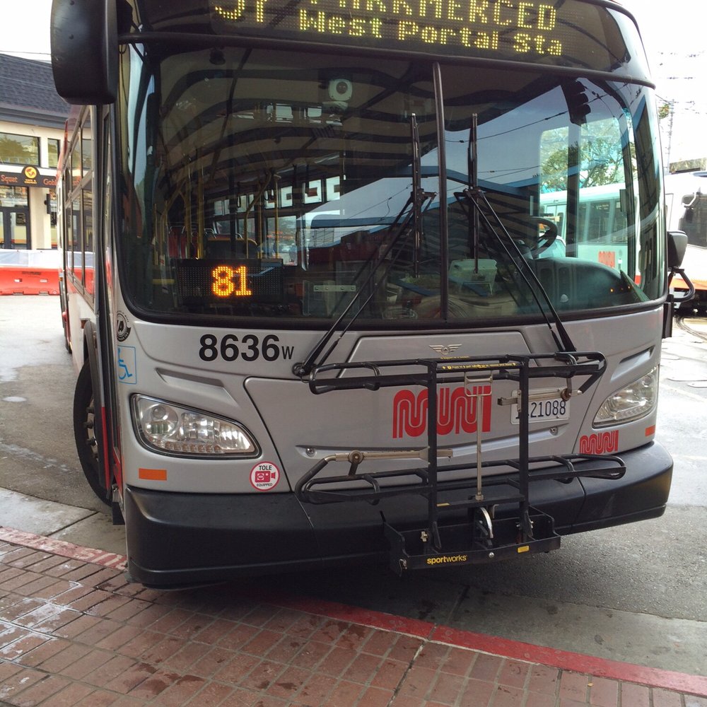 MUNI - 57 Parkmerced - New Flyer Xcelsior XDE 40' #8636 on route 57 Parkmerced at West Portal Station terminal - Public Transportation Near Me - San Francisco, California