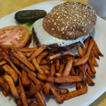 Eggspresso - Healthy turkey burger with sweet potato fries. - Breakfast & Brunch Near Me - Bannockburn, Illinois
