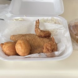 Ameen Fish and Wings - Mableton - Fried fish 2 pieces shrimp, potato salad and Coleslaw and sweet potato pie and 2 hush puppies