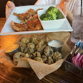 Woodson's Local Tap + Kitchen - Coconut Shrimp (top), Fried Mushrooms (bottom) - Comfort Food Near Me - Conroe, Texas Woodson's Local Tap + Kitchen - Coconut Shrimp (top), Fried Mushrooms (bottom) - Comfort Food Near Me - Conroe, Texas
