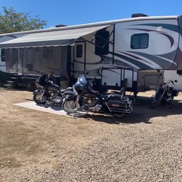 Ample room for our 44' toy hauler with the patio down and awning out Ample room for our 44' toy hauler with the patio down and awning out