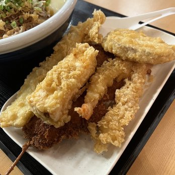 Marugame Udon - tempura: sweet potato, shrimp, tamagoyaki, squid, chicken - Japanese Near Me - Berkeley, California Marugame Udon - tempura: sweet potato, shrimp, tamagoyaki, squid, chicken - Japanese Near Me - Berkeley, California