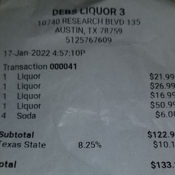 Debs Liquor - That bill...what can I say, my gang and I like the good stuff :) - Beer, Wine & Spirits Near Me - Austin, Texas