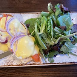 Smoked Salmon Benedict w/ mixed greens.