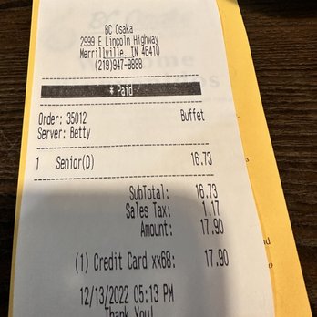 Bc Osaka - a receipt for a restaurant - Chinese Near Me - Merrillville, Indiana Bc Osaka - a receipt for a restaurant - Chinese Near Me - Merrillville, Indiana