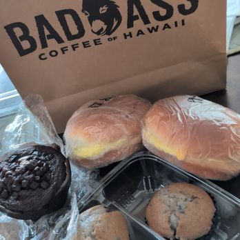 Bad Ass Coffee of Hawaii - Chocolate muffin, blueberry muffin, bacon egg sandwich, and Portuguese sausage egg sandwich - Coffee & Tea Near Me - Honolulu, Hawaii