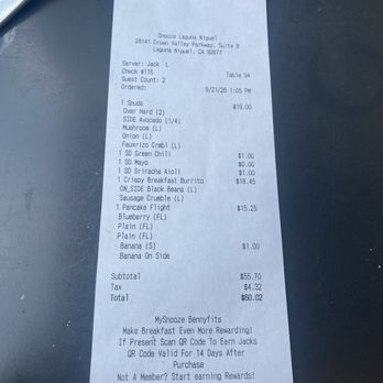 Snooze, an A.M. Eatery - Receipt - Breakfast & Brunch Near Me - Laguna Niguel, California Snooze, an A.M. Eatery - Receipt - Breakfast & Brunch Near Me - Laguna Niguel, California