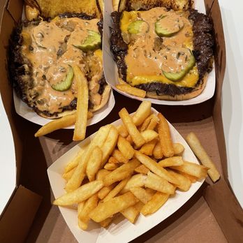 Say Cheez Burger - 2x2 burgers and 1 order of fries - Burgers Near Me - Irvine, California Say Cheez Burger - 2x2 burgers and 1 order of fries - Burgers Near Me - Irvine, California