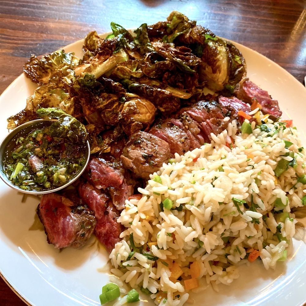 Allegory - Skirt steak "Rub it for Luck" - served with chimichurri, crispy Brussels, and cilantro-lime rice. (NOTE I like my steak Rare). - American Near Me - Naperville, Illinois