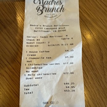 Madres Brunch - receipt - Breakfast & Brunch Near Me - Bellflower, California