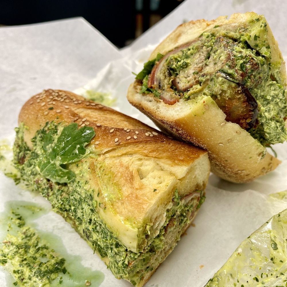 mercato cucina - July 24 Monthly special - Famiglia - fried meatballs, crispy eggplant, spicy salami, sharp provolone, arugula & broccoli rabe aioli - Coffee & Tea Near Me - Huntington Station, New York