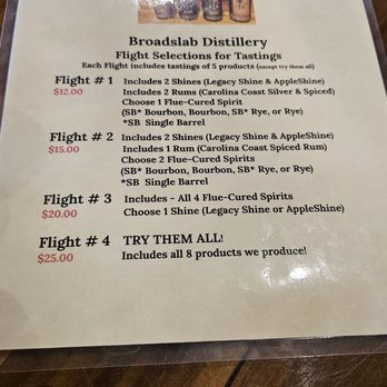 Broadslab Distillery - $25 for 8 tastes of their own product is a bit steep IMO. - Tours Near Me - Benson, North Carolina Broadslab Distillery - $25 for 8 tastes of their own product is a bit steep IMO. - Tours Near Me - Benson, North Carolina