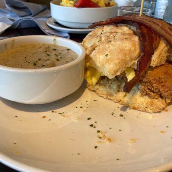 Brunch & Sip - Biscuits and Gravy w/bacon. Comes with gravy on top but I like it on the side - Coffee & Tea Near Me - Phoenix, Arizona Brunch & Sip - Biscuits and Gravy w/bacon. Comes with gravy on top but I like it on the side - Coffee & Tea Near Me - Phoenix, Arizona