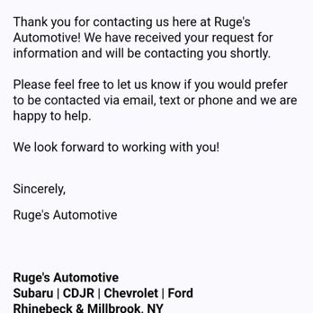 Ruge's CDJR - This was their first response. Which I'm sure was automated. - Car Dealers Near Me - Rhinebeck, New York Ruge's CDJR - This was their first response. Which I'm sure was automated. - Car Dealers Near Me - Rhinebeck, New York