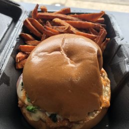 Seafood Burger & Sweet Potatoe fries Seafood Burger & Sweet Potatoe fries