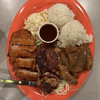 Kuhio Grille - Three choice plate ($21.49) - the chicken katsu was superb. - Hawaiian Near Me - Hilo, Hawaii