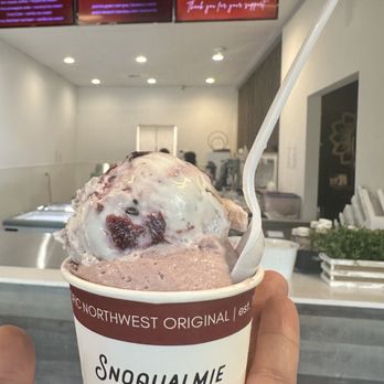 Snoqualmie Ice Cream - Kids Double - Cherry Amaretto Chip (top), Cascade Mountain Blackberry (bottom) - Ice Cream & Frozen Yogurt Near Me - Kirkland, Washington Snoqualmie Ice Cream - Kids Double - Cherry Amaretto Chip (top), Cascade Mountain Blackberry (bottom) - Ice Cream & Frozen Yogurt Near Me - Kirkland, Washington