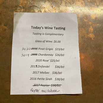 Eagle Ridge Vineyard - Tasting menu 1/2022 - Wineries Near Me - Livermore, California