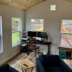 Backyard Office - Austin - Inside and outside photos.  We're gonna do some landscaping around it in the spring!