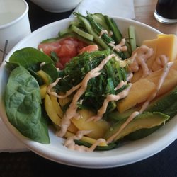 Chosabi - Build your own poke bowl! This one has salmon, spinach, cucumber, mango, tamago, seaweed, avocado, rice, chipotle mayo!