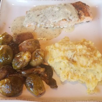 Oakside - Salmon,  brussel sprouts and mashed potatoes - Seafood Near Me - Big Bear Lake, California