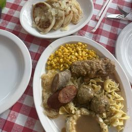 Side order of Pierogi. The polish plate had kielbasa, city chicken, meatballs, sauerkraut, mashed potatoes, noodles, and corn Side order of Pierogi. The polish plate had kielbasa, city chicken, meatballs, sauerkraut, mashed potatoes, noodles, and corn