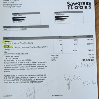 Sawgrass Floors - Invoice to "fix" the door facings, which was only the piece of wood put on the front, it still left the casings with jagged 1" gaps - Flooring Near Me - Sunrise, Florida Sawgrass Floors - Invoice to "fix" the door facings, which was only the piece of wood put on the front, it still left the casings with jagged 1" gaps - Flooring Near Me - Sunrise, Florida