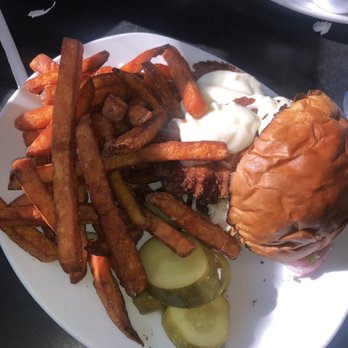 Mom's Kitchen & Bar - Chicken filet sandwich and sweet potato fries. Delicious!!! - Bars Near Me - Astoria, New York Mom's Kitchen & Bar - Chicken filet sandwich and sweet potato fries. Delicious!!! - Bars Near Me - Astoria, New York