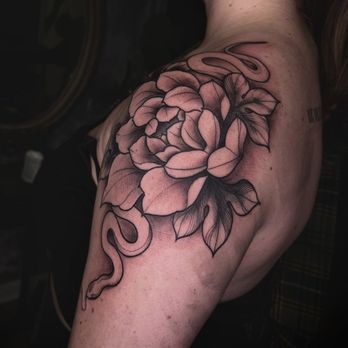 Le Uke Tattoo Studio - This is a wild peony with black and grey washed shading. All the redness will heal to look light grey, to resemble shadows and depth. - Tattoo Near Me - Southampton, Pennsylvania