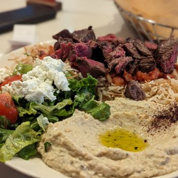 Open Sesame - Ali's Favorite (top sirloin) with Baba Ghannouj and the Open Sesame Salad. - Mediterranean Near Me - Long Beach, California Open Sesame - Ali's Favorite (top sirloin) with Baba Ghannouj and the Open Sesame Salad. - Mediterranean Near Me - Long Beach, California