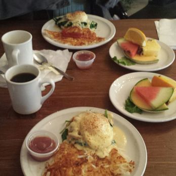 Hannah And Nate's - Half order of Eggs Benedict Florentine twice, with hash browns, fruit side, and very tasty coffee. - Cafes Near Me - Corrales, New Mexico Hannah And Nate's - Half order of Eggs Benedict Florentine twice, with hash browns, fruit side, and very tasty coffee. - Cafes Near Me - Corrales, New Mexico