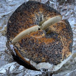 J & J Bagel - Poppyseed bagel with lox cream cheese  - bagel was very big and lots of seeds the cream cheese was lacking lox and thinly spread on