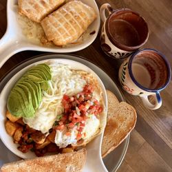 Cafe Tacuba - Breakfast Chimi's and Kori's skillet with toast.  Latte's: spicy Mexican mocha latte and dulce de leche latte.