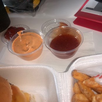 Broaddus Burgers - Chipotle sauce and sweet chili (left to right) - Burgers Near Me - Lafayette, Louisiana Broaddus Burgers - Chipotle sauce and sweet chili (left to right) - Burgers Near Me - Lafayette, Louisiana