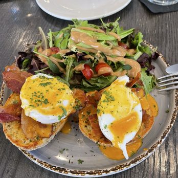 The Sycamore - From brunch menu -- biscuit benedict with mixed greens - American Near Me - Glendale, California